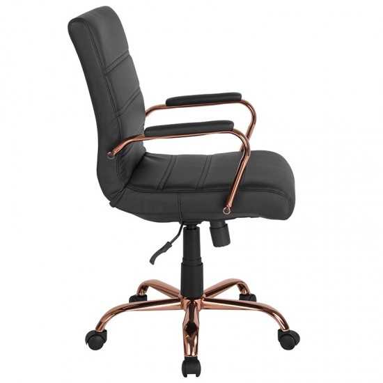 Mid-Back Black LeatherSoft Executive Swivel Office Chair with Rose Gold Frame and Arms