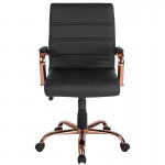 Mid-Back Black LeatherSoft Executive Swivel Office Chair with Rose Gold Frame and Arms