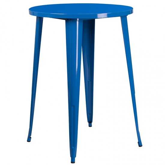 Commercial Grade 30" Round Blue Metal Indoor-Outdoor Bar Table Set with 2 Vertical Slat Back Stools