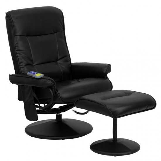 Massaging Multi-Position Recliner with Side Pocket and Ottoman in Black LeatherSoft