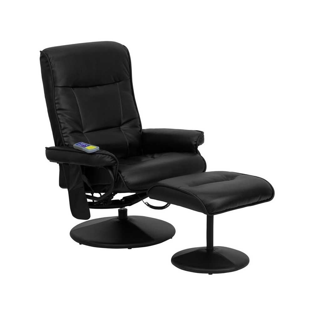 Massaging Multi-Position Recliner with Side Pocket and Ottoman in Black LeatherSoft Massaging Multi-Position Recliner with Side Pocket and Ottoman in Black LeatherSoft