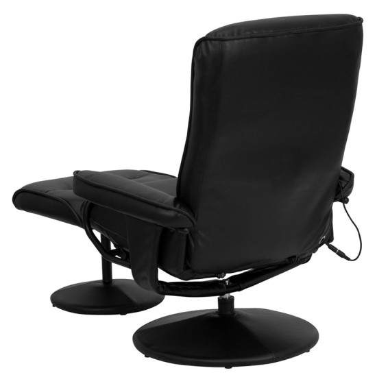 Massaging Multi-Position Recliner with Side Pocket and Ottoman in Black LeatherSoft