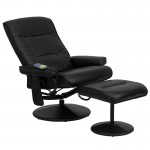 Massaging Multi-Position Recliner with Side Pocket and Ottoman in Black LeatherSoft