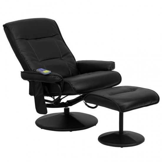 Massaging Multi-Position Recliner with Side Pocket and Ottoman in Black LeatherSoft