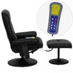 Massaging Multi-Position Recliner with Side Pocket and Ottoman in Black LeatherSoft