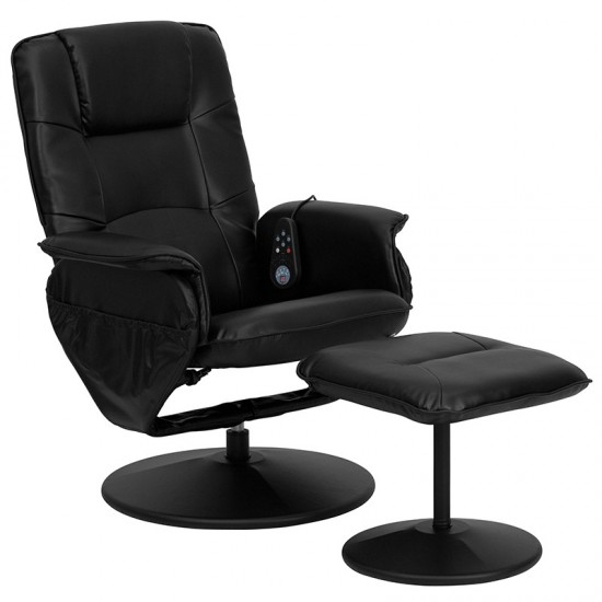 Massaging Adjustable Recliner with Deep Side Pockets and Ottoman with Wrapped Base in Black LeatherSoft