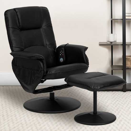 Massaging Adjustable Recliner with Deep Side Pockets and Ottoman with Wrapped Base in Black LeatherSoft