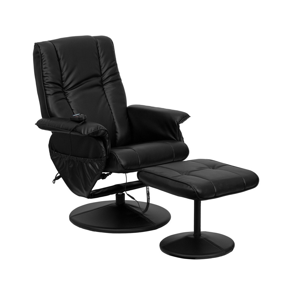 Massaging Heat Controlled Adjustable Recliner and Ottoman with Wrapped Base in Black LeatherSoft