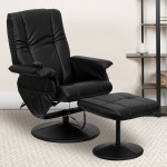 Massaging Heat Controlled Adjustable Recliner and Ottoman with Wrapped Base in Black LeatherSoft