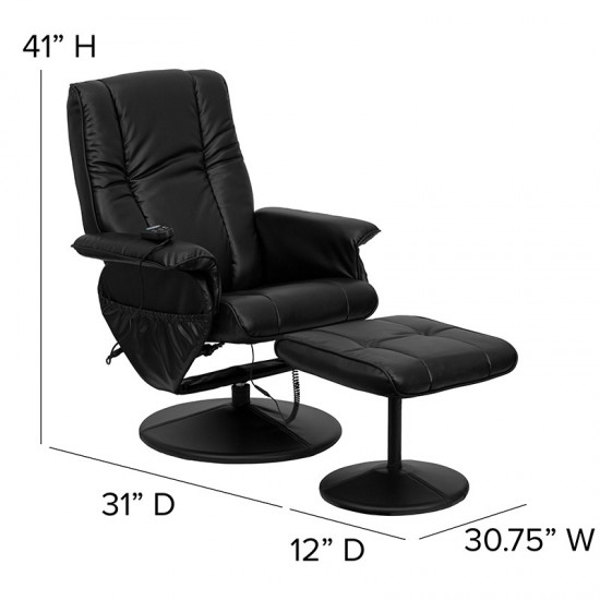 Massaging Heat Controlled Adjustable Recliner and Ottoman with Wrapped Base in Black LeatherSoft