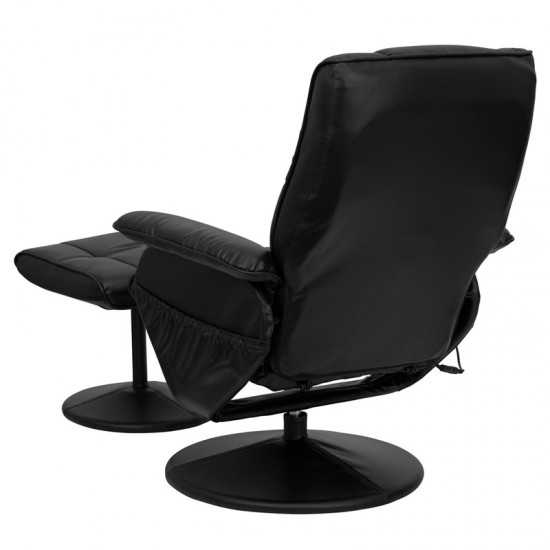 Massaging Heat Controlled Adjustable Recliner and Ottoman with Wrapped Base in Black LeatherSoft