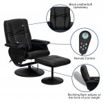 Massaging Heat Controlled Adjustable Recliner and Ottoman with Wrapped Base in Black LeatherSoft