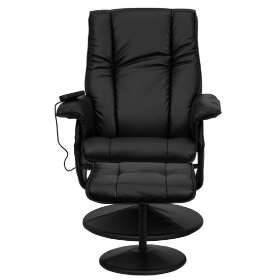 Massaging Heat Controlled Adjustable Recliner and Ottoman with Wrapped Base in Black LeatherSoft