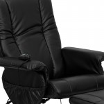 Massaging Heat Controlled Adjustable Recliner and Ottoman with Wrapped Base in Black LeatherSoft