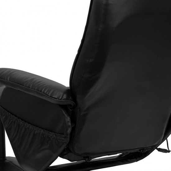 Massaging Heat Controlled Adjustable Recliner and Ottoman with Wrapped Base in Black LeatherSoft