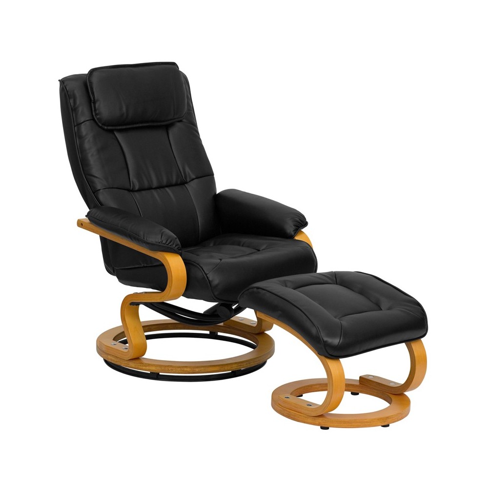 Contemporary Adjustable Recliner and Ottoman with Swivel Maple Wood Base in Black LeatherSoft