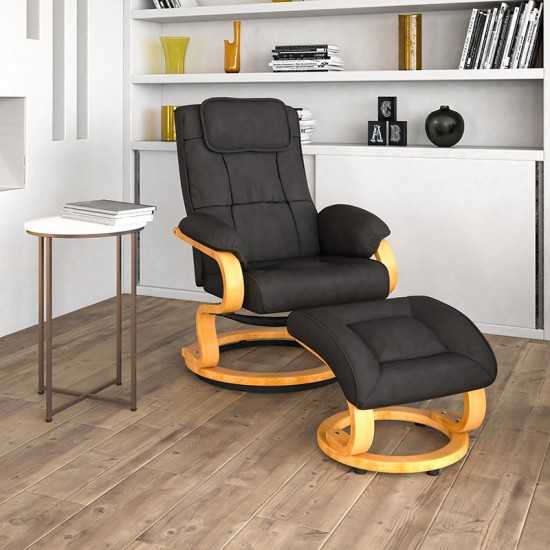 Contemporary Adjustable Recliner and Ottoman with Swivel Maple Wood Base in Black LeatherSoft