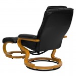 Contemporary Adjustable Recliner and Ottoman with Swivel Maple Wood Base in Black LeatherSoft