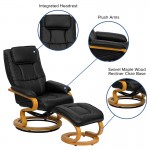 Contemporary Adjustable Recliner and Ottoman with Swivel Maple Wood Base in Black LeatherSoft