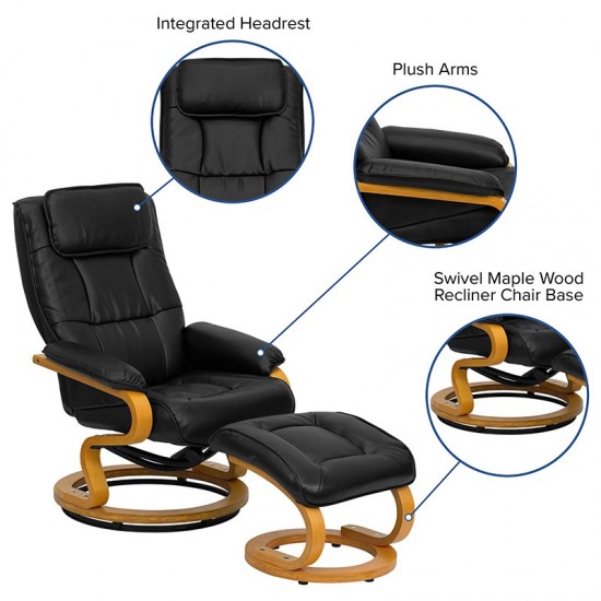 Contemporary Adjustable Recliner and Ottoman with Swivel Maple Wood Base in Black LeatherSoft