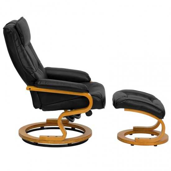 Contemporary Adjustable Recliner and Ottoman with Swivel Maple Wood Base in Black LeatherSoft