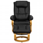 Contemporary Adjustable Recliner and Ottoman with Swivel Maple Wood Base in Black LeatherSoft