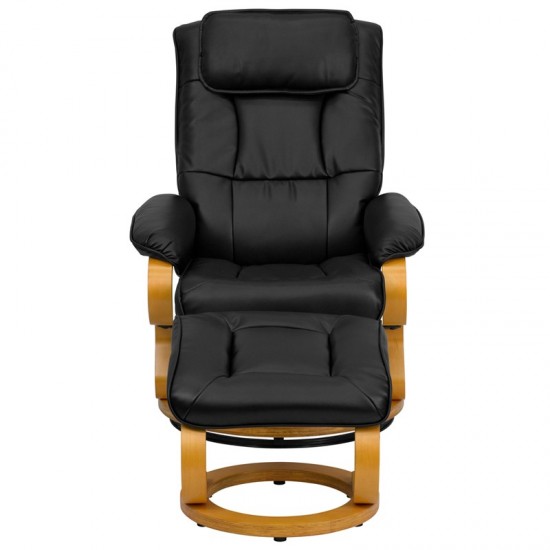 Contemporary Adjustable Recliner and Ottoman with Swivel Maple Wood Base in Black LeatherSoft