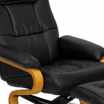 Contemporary Adjustable Recliner and Ottoman with Swivel Maple Wood Base in Black LeatherSoft