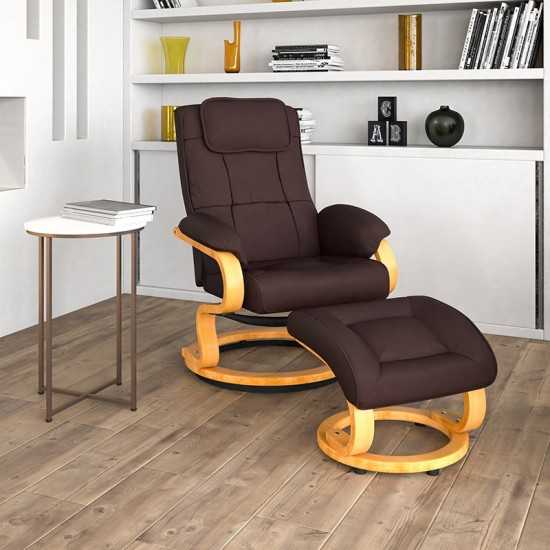 Contemporary Adjustable Recliner and Ottoman with Swivel Maple Wood Base in Brown LeatherSoft