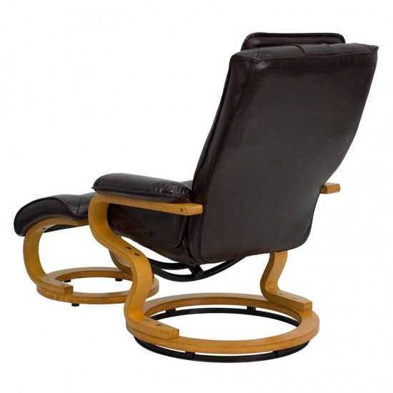 Contemporary Adjustable Recliner and Ottoman with Swivel Maple Wood Base in Brown LeatherSoft