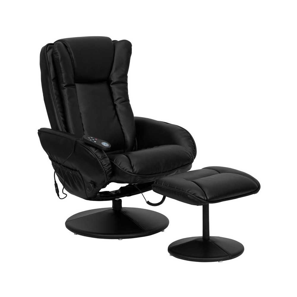 Massaging Multi-Position Plush Recliner with Side Pocket and Ottoman in Black LeatherSoft