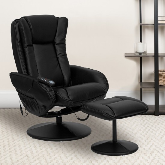 Massaging Multi-Position Plush Recliner with Side Pocket and Ottoman in Black LeatherSoft