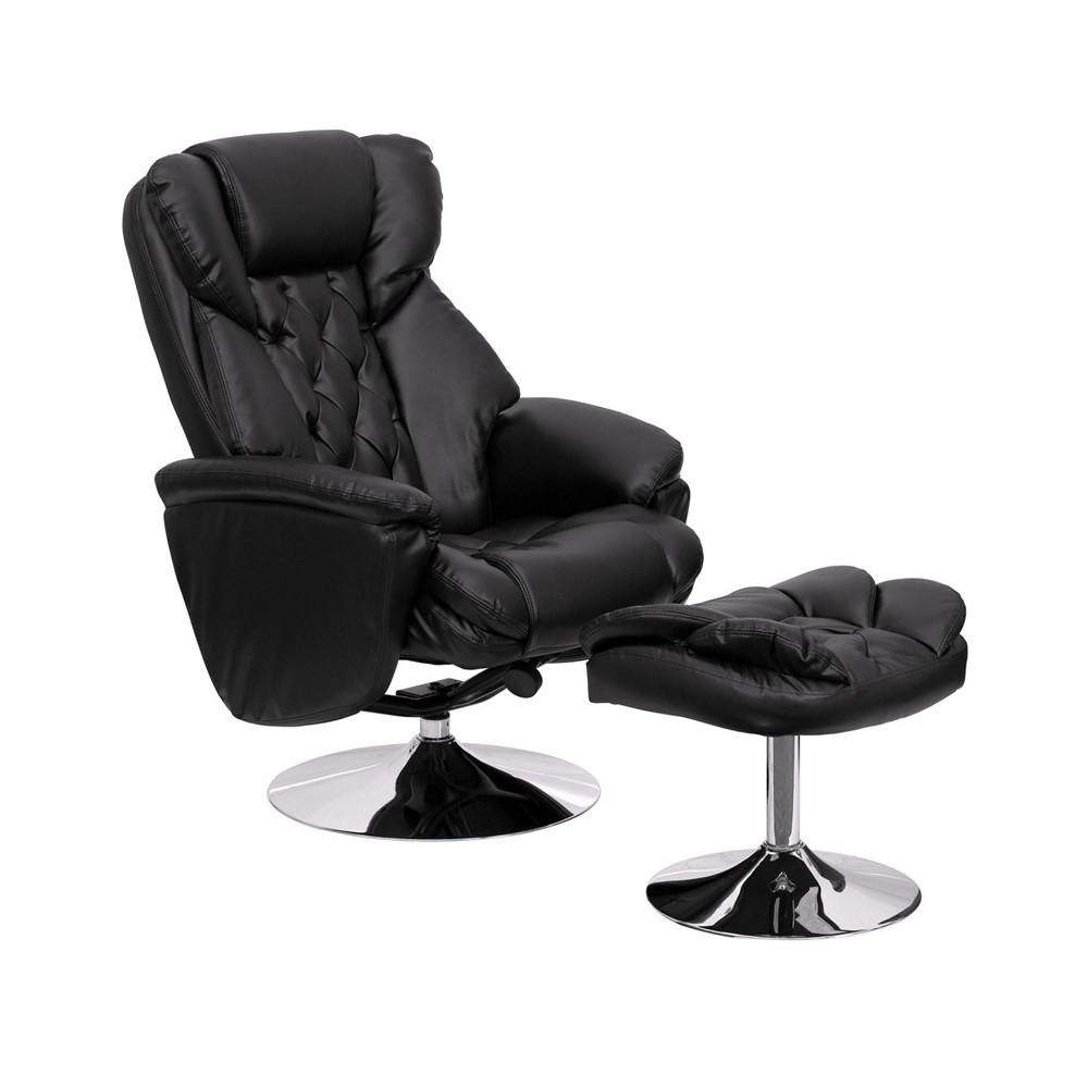 Transitional Multi-Position Recliner and Ottoman with Chrome Base in Black LeatherSoft