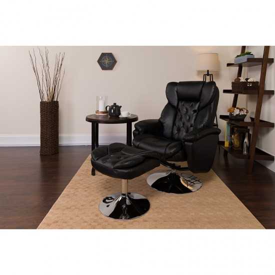 Transitional Multi-Position Recliner and Ottoman with Chrome Base in Black LeatherSoft