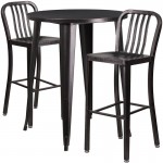 Commercial Grade 30" Round Black-Antique Gold Metal Indoor-Outdoor Bar Table Set with 2 Vertical Slat Back Stools