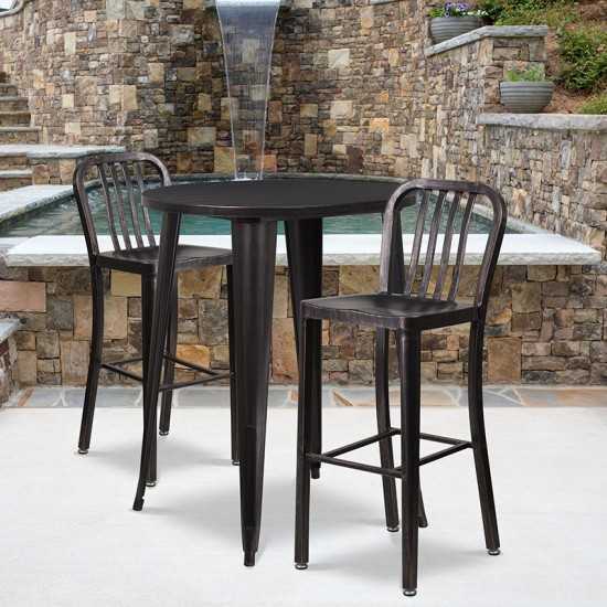 Commercial Grade 30" Round Black-Antique Gold Metal Indoor-Outdoor Bar Table Set with 2 Vertical Slat Back Stools