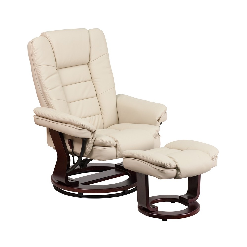 Contemporary Multi-Position Recliner with Horizontal Stitching and Ottoman with Swivel Mahogany Wood Base in Beige LeatherSof