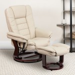 Contemporary Multi-Position Recliner with Horizontal Stitching and Ottoman with Swivel Mahogany Wood Base in Beige LeatherSof