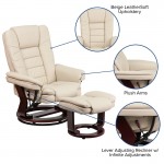 Contemporary Multi-Position Recliner with Horizontal Stitching and Ottoman with Swivel Mahogany Wood Base in Beige LeatherSof