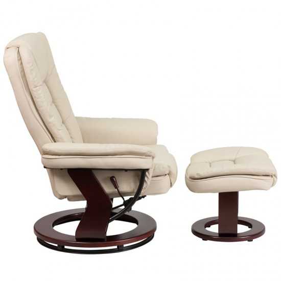 Contemporary Multi-Position Recliner with Horizontal Stitching and Ottoman with Swivel Mahogany Wood Base in Beige LeatherSof