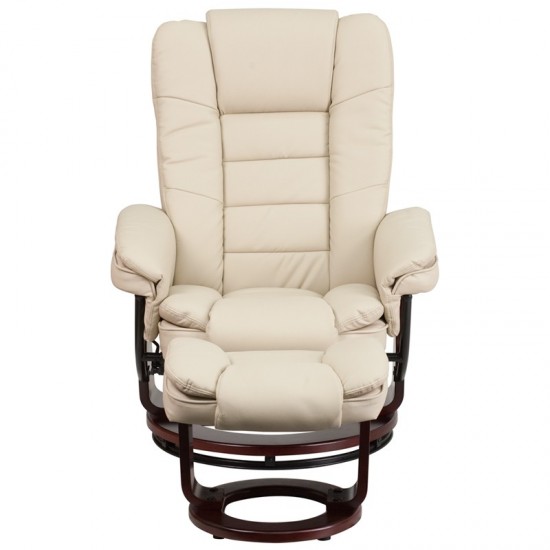 Contemporary Multi-Position Recliner with Horizontal Stitching and Ottoman with Swivel Mahogany Wood Base in Beige LeatherSof