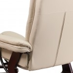 Contemporary Multi-Position Recliner with Horizontal Stitching and Ottoman with Swivel Mahogany Wood Base in Beige LeatherSof