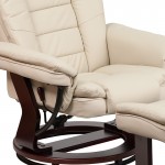 Contemporary Multi-Position Recliner with Horizontal Stitching and Ottoman with Swivel Mahogany Wood Base in Beige LeatherSof