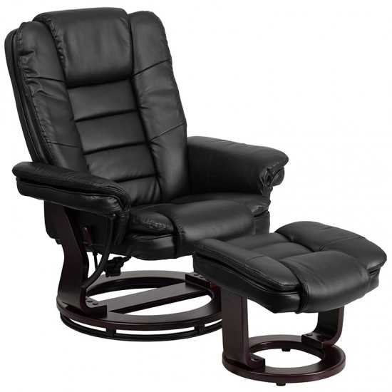 Contemporary Multi-Position Recliner with Horizontal Stitching and Ottoman with Swivel Mahogany Wood Base in Black LeatherSof