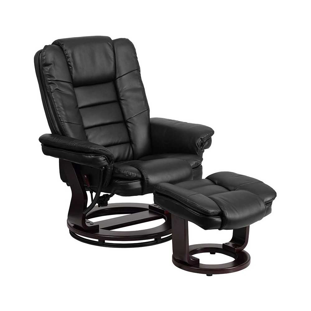 Contemporary Multi-Position Recliner with Horizontal Stitching and Ottoman with Swivel Mahogany Wood Base in Black LeatherSof