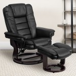 Contemporary Multi-Position Recliner with Horizontal Stitching and Ottoman with Swivel Mahogany Wood Base in Black LeatherSof