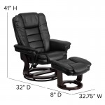 Contemporary Multi-Position Recliner with Horizontal Stitching and Ottoman with Swivel Mahogany Wood Base in Black LeatherSof