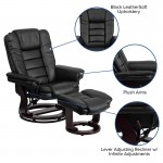 Contemporary Multi-Position Recliner with Horizontal Stitching and Ottoman with Swivel Mahogany Wood Base in Black LeatherSof