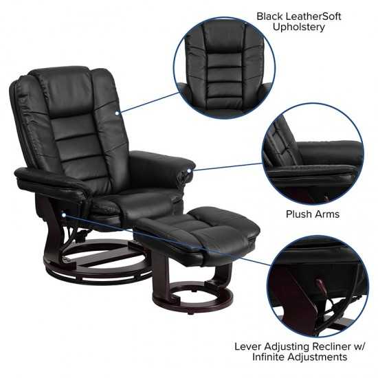 Contemporary Multi-Position Recliner with Horizontal Stitching and Ottoman with Swivel Mahogany Wood Base in Black LeatherSof