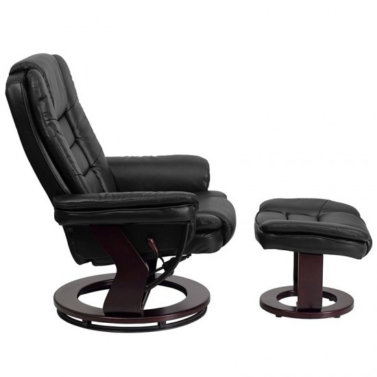 Contemporary Multi-Position Recliner with Horizontal Stitching and Ottoman with Swivel Mahogany Wood Base in Black LeatherSof